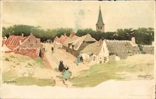 Künstler Litho Cassiers, Domburg Veere Zeeland Niederlande, Blick auf den Ort, Häuser, Kirchturm