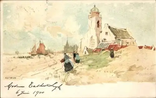 Künstler Litho Cassiers, H., Katwijk aan Zee Südholland Niederlande, Frauen in Tracht, Kirche, Boote