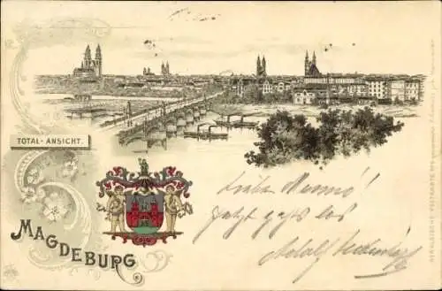 Wappen Litho Magdeburg, Gesamtansicht, Elbbrücke, Dom