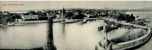 Klapp Ak Lindau am Bodensee Schwaben, Panorama der Stadt, Hafen, Leuchtturm