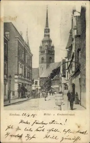 Ak Itzehoe in Holstein, Mittelstraße, Kirchenstraße, Kirche