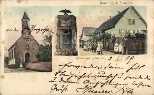 Ak Schielberg Marxzell in Baden Württemberg, Kirche, Kriegerdenkmal, Geschäftshaus J. Maucher