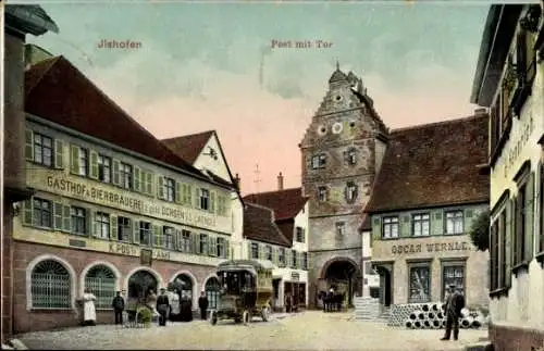 Ak Ilshofen in Württemberg, Post mit Tor, Gasthof und Bierbrauerei Zum Goldenen Ochsen