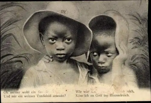 Ak Zwei Afrikaner, Kinder-Portrait, Hut, Mission