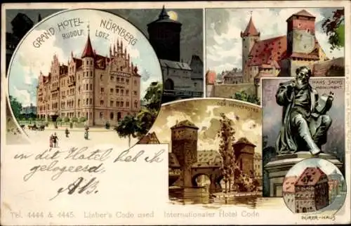 Litho Nürnberg in Mittelfranken Bayern, Grand Hotel, Henkersteg, Hans-Sachs-Monument, Dürerhaus