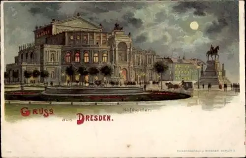 Mondschein Litho Dresden Schönfeld Weißig, Hoftheater, Denkmal