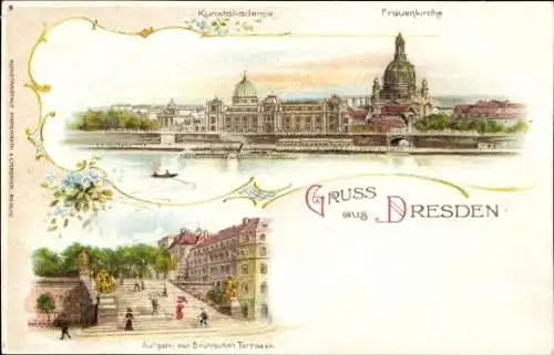 Litho Dresden Altstadt, Frauenkirche, Kunstakademie, Brühlsche Terrasse