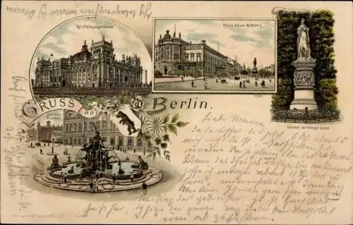 Litho Berlin Mitte, Reichstagsgebäude, Schlossbrunnen, Palais, Statue Königin Louise