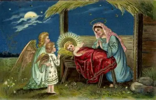 Präge Ak Glückwunsch Weihnachten, Betende Engel, Jesus, Maria