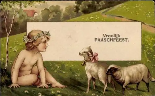 Ak Glückwunsch Ostern, Kind, Lämmer, Wiese