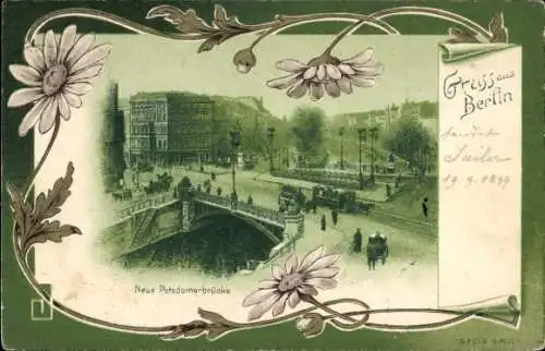 Passepartout Litho Berlin Tiergarten, Neue Potsdamer Brücke, Tram, Kutschen