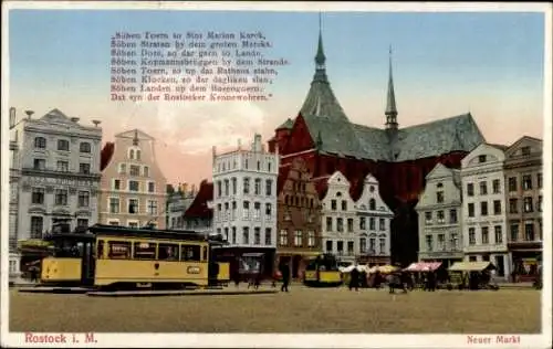 Ak Hansestadt Rostock, Neuer Markt, Straßenbahn, Marienkirche, Söben Toern