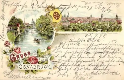 Passepartout Litho Osnabrück in Niedersachsen, Panorama, Blick von der Brücke, Wappen