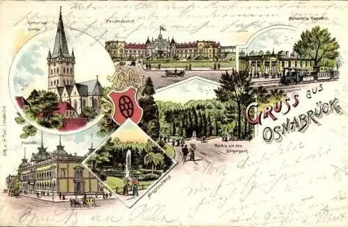 Litho Osnabrück in Niedersachsen, Katharinenkirche, Hauptpost, Hauptbahnhof, Bürgerpark