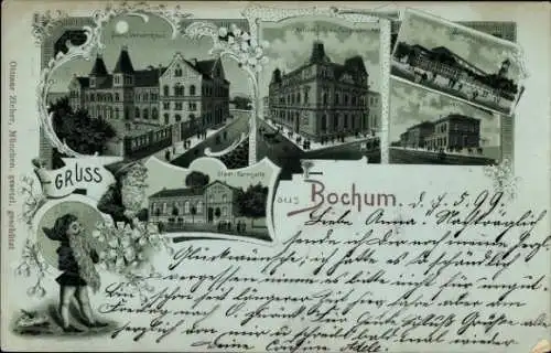 Mondschein Litho Bochum im Ruhrgebiet, Zwerg, Turnhalle, Postamt, Ev. Vereinshaus