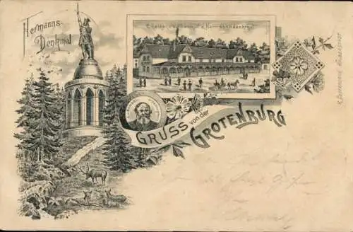 Litho Detmold in Westfalen, Grotenburg, Hermannsdenkmal, Gasthof zum Hermannsdenkmal