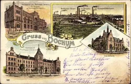 Litho Bochum im Ruhrgebiet, Bochumer Verein, Hauptportal, Gymnasium, Bismarckdenkmal, Ständehaus