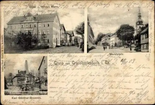 Ak Großbreitenbach in Thüringen, Hotel zum wilden Mann, Marktplatz, Karl Günther Brunnen