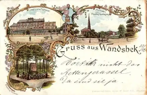 Litho Hamburg Wandsbek, Hotel Zum alten Posthaus, Markt, Claudius Gymnasium, Claudius Denkmal