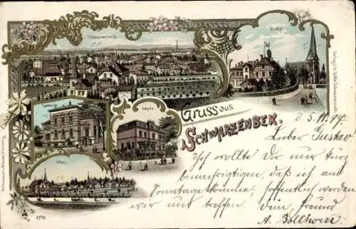 Litho Schwarzenbek in Lauenburg, Panorama, Kirche, Sparkasse, Schule