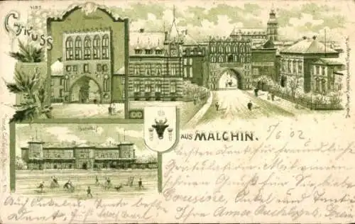 Winter Litho Malchin in Mecklenburg, Steintor, Bahnhof, Wappen