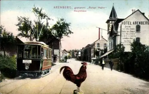 Ak Arenberg Koblenz am Rhein, Roter Hahn, Hauptstraße, Straßenbahn 80, Hotel