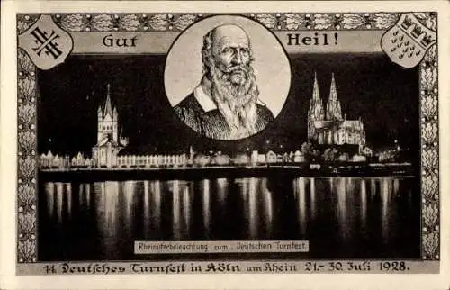 Ak Köln am Rhein, 14. Deutsches Turnfest Juli 1928, Wappen, Dom in Nachtbeleuchtung