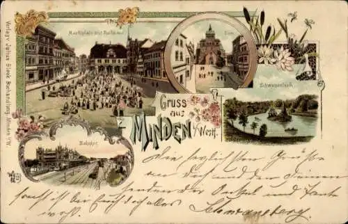 Litho Minden in Westfalen, Marktplatz mit Rathaus, Dom, Bahnhof, Schwanenteich