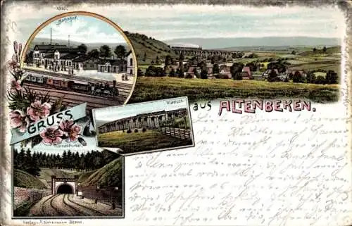 Litho Altenbeken in Westfalen, Bahnhof, Gleisseite, Tunnel, Viadukt, Blick auf den Ort