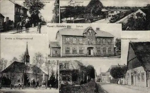 Ak Horst Schleswig Holstein, Meierei, Bahnhof, Schule, Kirche, Kriegerdenkmal, Heisterender Straße