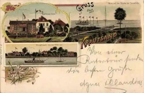 Litho Elbinsel Krautsand Drochtersen im Kreis Stade, Buhrfeinds Hotel, Rhede der Seeschiffe