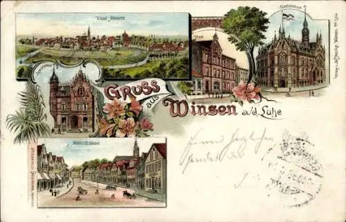 Litho Winsen an der Luhe, Gesamtansicht, Post, Rathaus, Apotheke