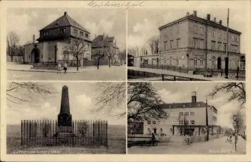 Ak Neukieritzsch in Sachsen, Post, Bahnhof, Lutherdenkmal 1883, neue Schule