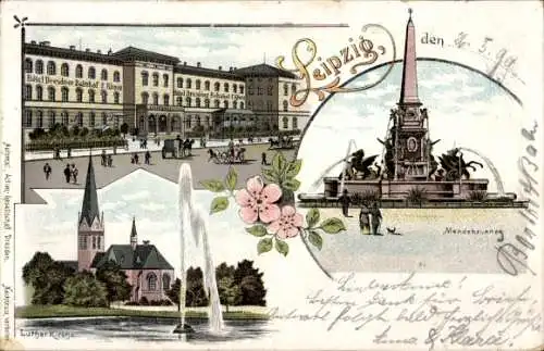 Litho Leipzig in Sachsen, Mendebrunnen, Hotel Dresdner Bahnhof, Lutherkirche