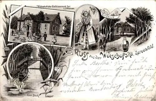 Litho Lübbenau Spreewald, Wotschofska, Frau in Landestracht, Kanal mit Boot