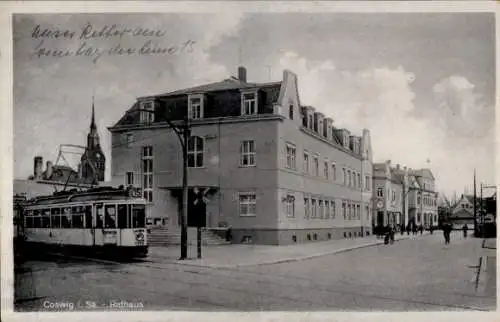 Ak Coswig in Sachsen, Rathaus, Straßenbahn 15