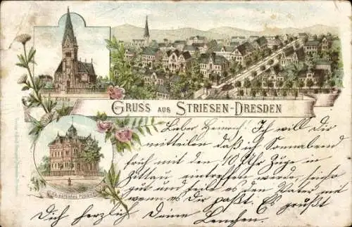 Vorläufer Litho Dresden Striesen, Gesamtansicht, Kirche, Post