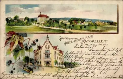 Litho Dresden Bühlau, Hotel Restaurant Ratskeller, Blick auf den Ort