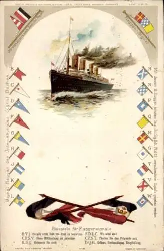Litho Dampfschiff, Beispiele für Flaggensignale, Internationales Signalbuch