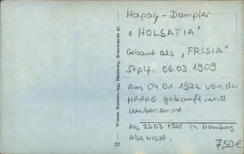 Ak Dampfer Holsatia, HAPAG