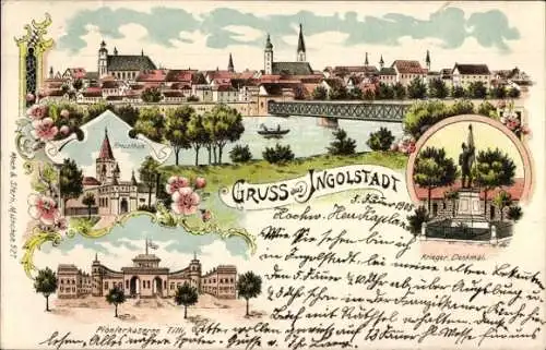 Litho Ingolstadt an der Donau Oberbayern, Kriegerdenkmal, Kreuztor, Pionierkaserne