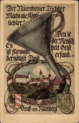 Künstler Ak Nürnberg, Nürnberger Trichter, Teilansicht, Wappen