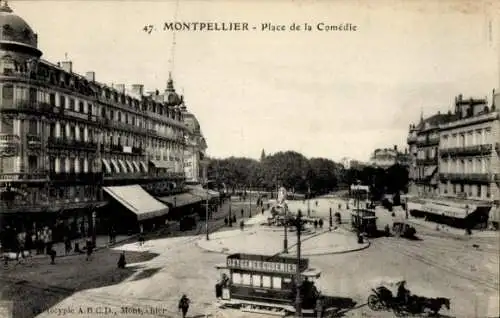 Ak Montpellier Hérault, Place de la Comedie, Straßenbahn