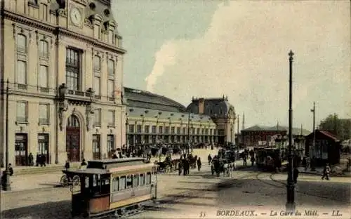 Ak Bordeaux Gironde, La Gare du Midi, Straßenbahn