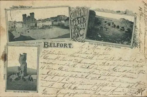 Ak Belfort Beffert Beffort Territorium Belfort, Souvenir 1870-71, Place d'Armes, Turm, Schloss