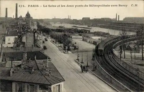 Ak Paris XII, Barriere de Bercy, Die Seine, die beiden Metropolitain-Brücken in Richtung Bercy