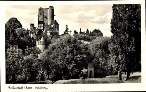 Ak Ballenstedt im Harz, Blick auf die Roseburg, Turm, Zinnen, Wald