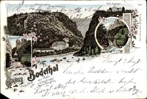 Litho Thale im Harz, Hotel zur Rosstrappe, Kronentempel, Teufelsbrücke