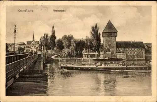 Ak Konstanz am Bodensee, Teilansicht, Rheinbrücke, Schiff, Turm