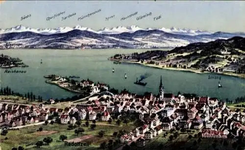 Ak Radolfzell am Bodensee, Totalansicht, Säntis, Sadens, Speer, Glärnisch, Tödi, Reichenau, Ismang